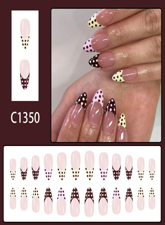 Sevgob Almond Press on Nails Polka Dot Nails Press on Medium False Nails with Designs Reusable Colorful French Tips Glue on Nails Glossy Dots Fake Nail Cute Fall Winter Nail for Women Manicure 24Pcs - Image 2